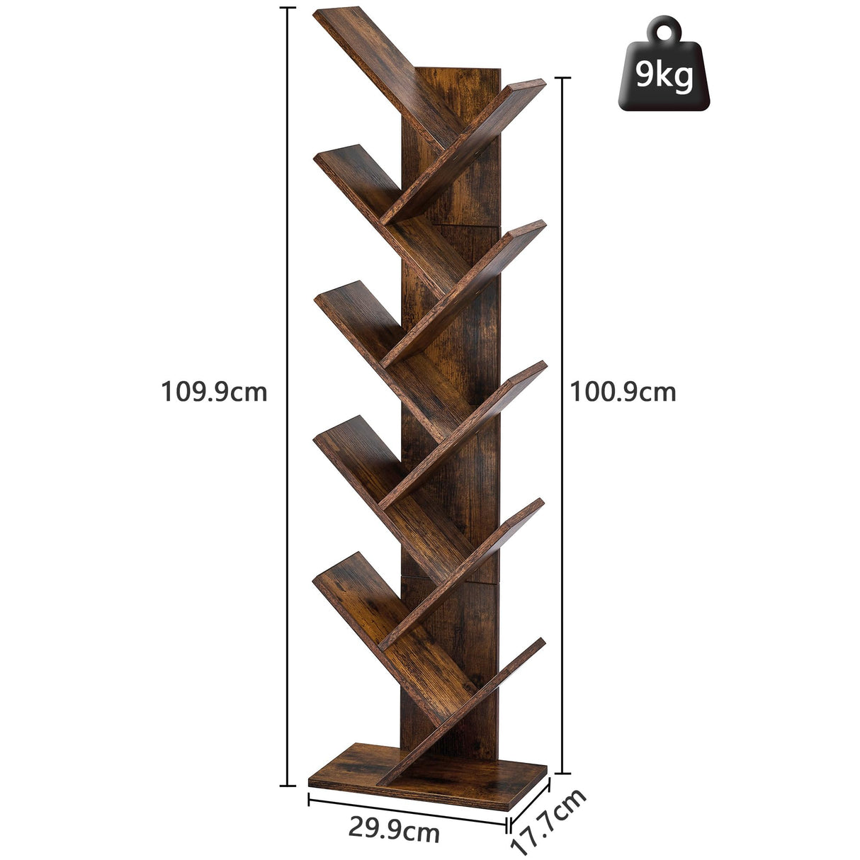 Hoctieon 10 Tier Tree Bookshelf, 10 Shelf Bookcase, Free Standing Tree Bookcase, Display Floor Standing Shelf for Books, Book Organizer Shelves for Home Office, Living Room, Bedroom, Rustic Brown Hoctieon