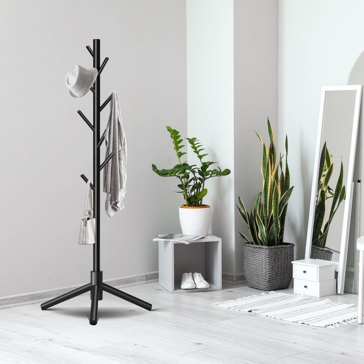 Unisakey Durable Wooden Coat Rack Stand(New Black), Freestanding Coat Rack with Stable Triangular Base, 8 Hooks & 3 Adjustable Heights, Simple Assembly for Bedroom, Hallway, Office Unisakey