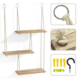 Fixwal Hanging Shelves for Wall, 3 Tier Boho Wall Decor Plant Rack Floating Shelves Rope Rustic Wood Organizer Storage Hanger for Aesthetic Home Bedroom Kitchen Bathroom- Rustic Brown Fixwal