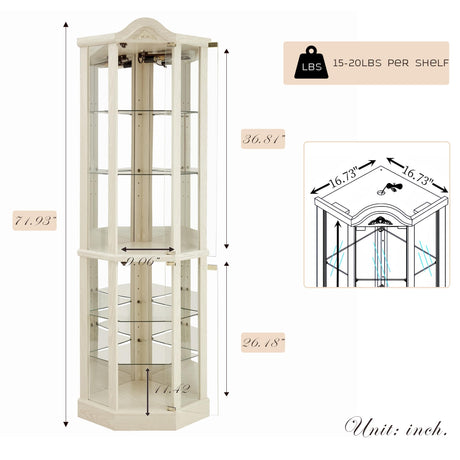 Eyisean Lighted Corner Curio Cabinet with Tempered Glass Doors and Shelves, 72" H Glass Display Cabinet with Curved Top Carving, Light Bulb Included, Rack for Liquor Storage and Living Room (White) Eyisean