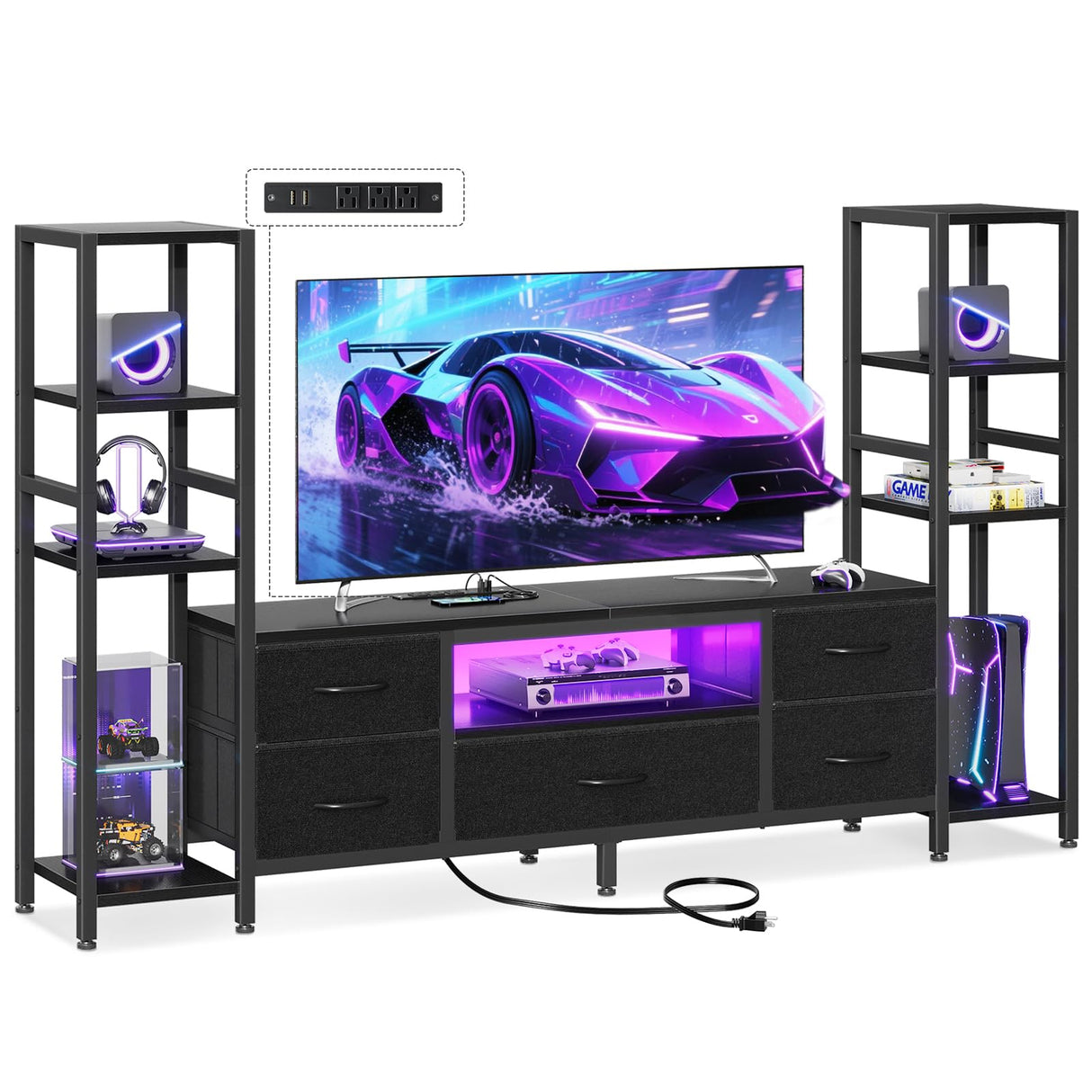 Casaottima 71" TV Stands for 43, 50, 55 Inch TV Entertainment Center with LED Lights and Power Outlets, TV Stand for Living Room with 5 Fabric Drawers & Shelf, TV Console Cabinet for Bedroom, Black Casaottima
