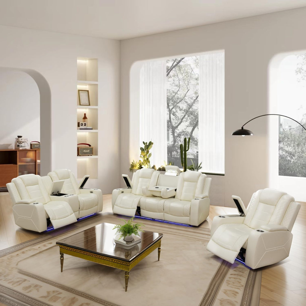 GEBADOL Power Recliner Sofa Set, Breathing Leather Sofa Set with Storage Console/Cup Holders/USB Ports, Leather Reclining Couch Set for Living Room (Creamy White, Sofa+LOVESEAT+Chair) GEBADOL