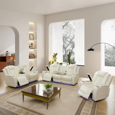 GEBADOL Power Recliner Sofa Set, Breathing Leather Sofa Set with Storage Console/Cup Holders/USB Ports, Leather Reclining Couch Set for Living Room (Creamy White, Sofa+LOVESEAT+Chair)