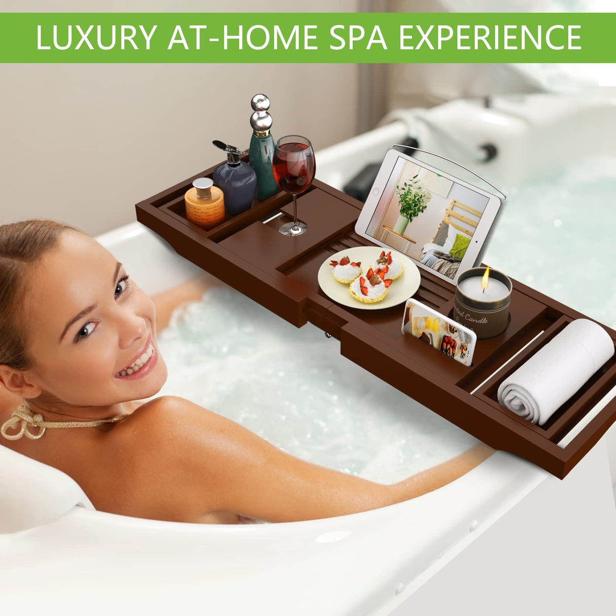 Bathtub Caddy Tray for Tub, Foldable Bamboo Bath Table Tray with Book and Wine Glass Holder, Expandable Bathroom Accessories with Free Soap Dish Suitable for Luxury Spa or Reading, Brown Artmalle