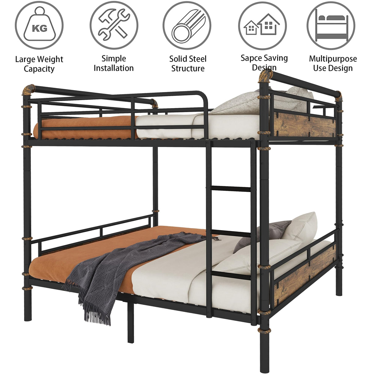 MoproBeti Queen Over Queen Industrial Bunk Beds for Teens or Adults, Heavy-Duty 2 in 1 Metal Convertible Bunk Bed with Ladder and Slats Support,15.9" High Guard Rail,Space-Saving,Noise Reduced,Black MoproBeti