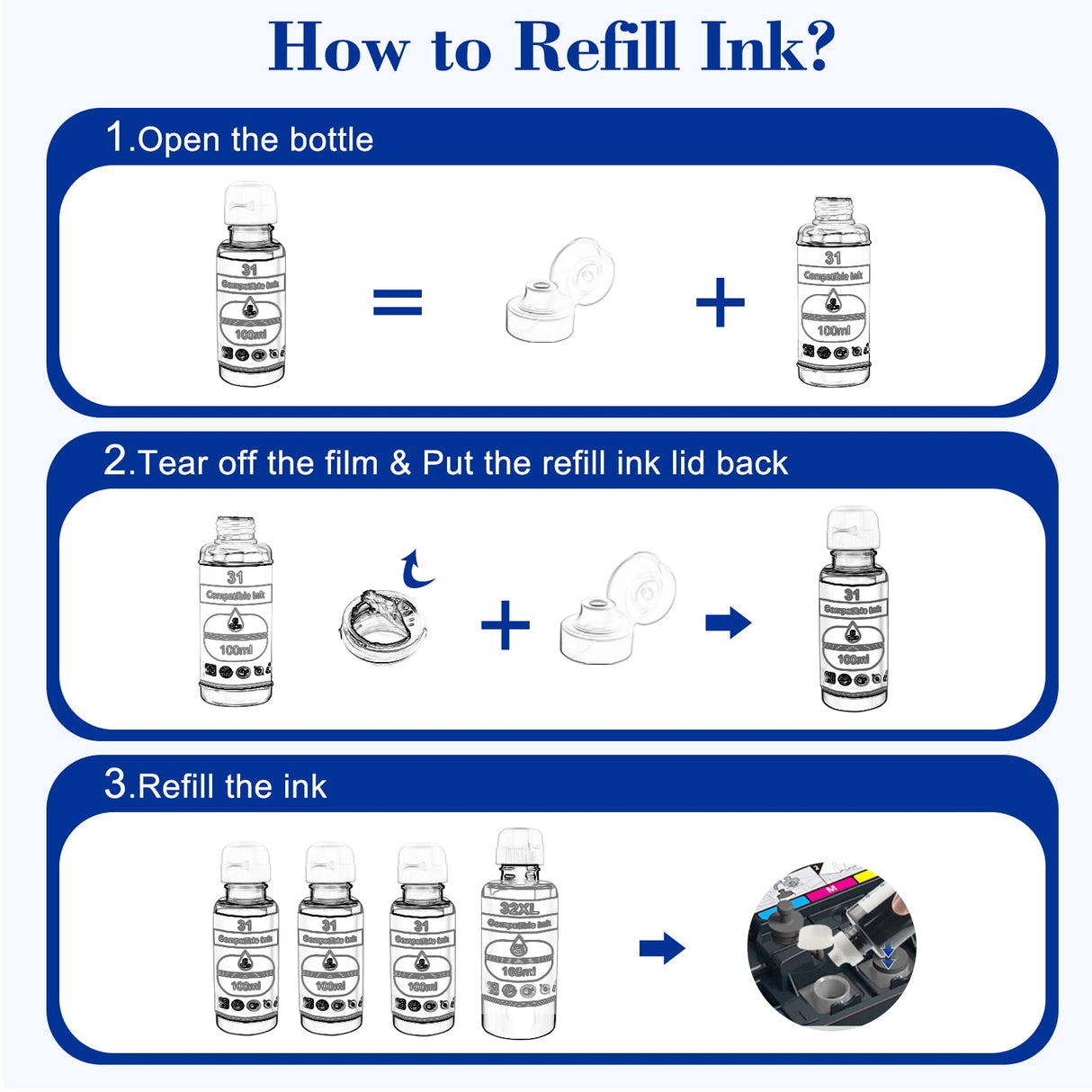 Pristar Compatible with HP 31 32XL Ink Bottle Set Compatible with HP Smart Tank 7301 7001 7602 5000 6001 5101 5102 5103 Plus 651 551 455 457 450 All-in-One Ink (165 ML 32XL Black Ink 100 ML 31 CMY Ink Pristar