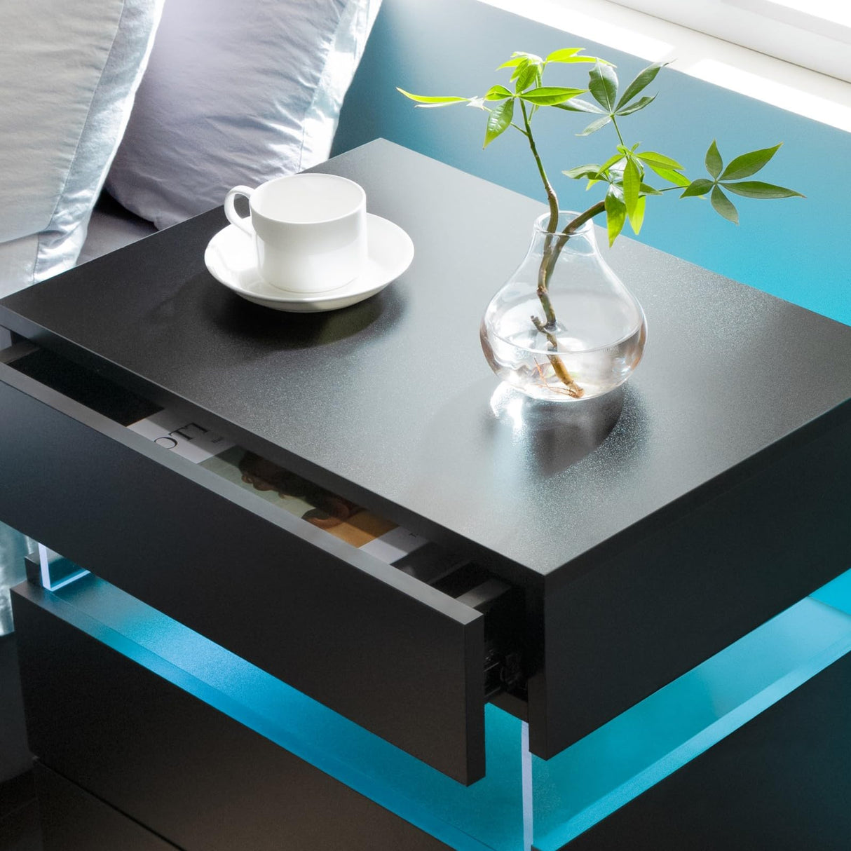 Bingoday LED Nightstands Set of 2 Night Stands for Bedrooms Set of 2 Modern Black Nightstands with 4 Drawers Wide LED Nightstand Bedside Table Bingoday