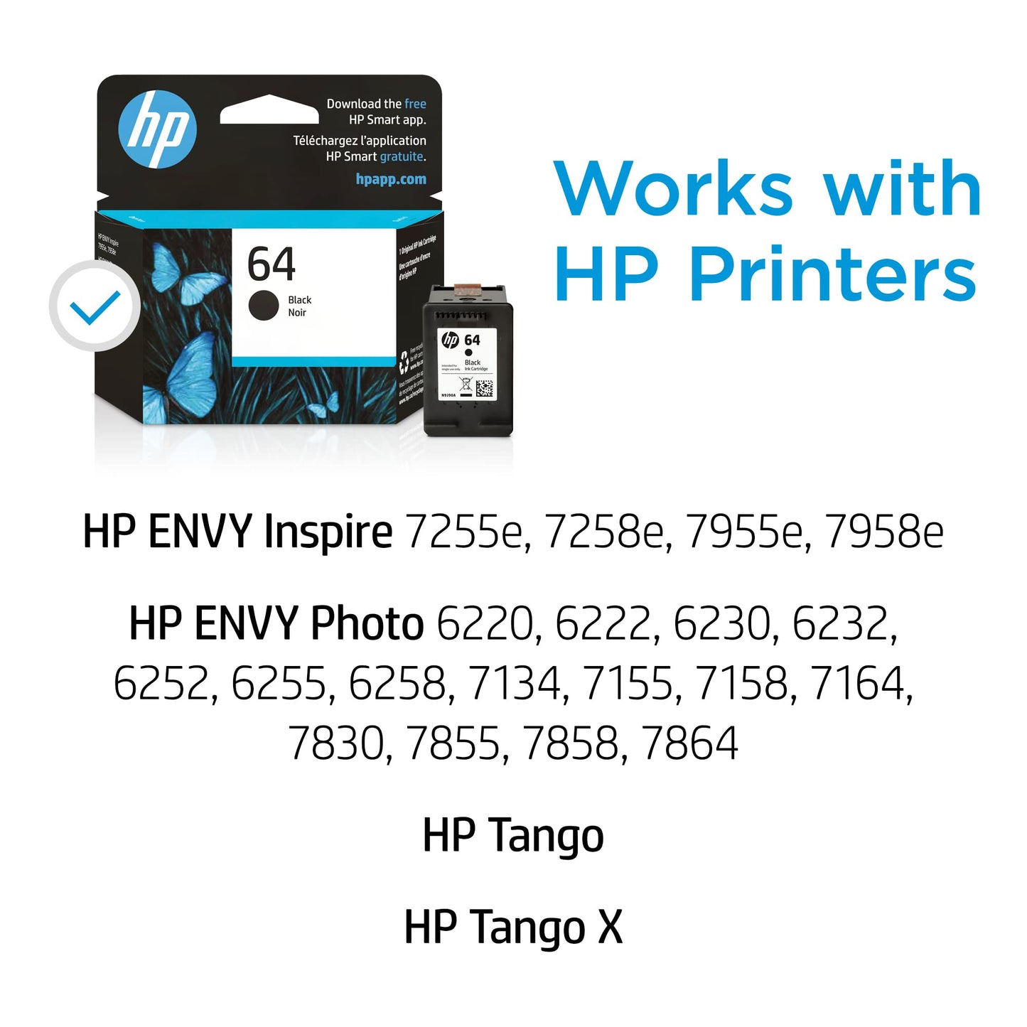 HP 64 Black Ink Cartridge | Works with HP ENVY Inspire 7950e; ENVY Photo 6200, 7100, 7800; Tango Series | Eligible for Instant Ink | N9J90AN