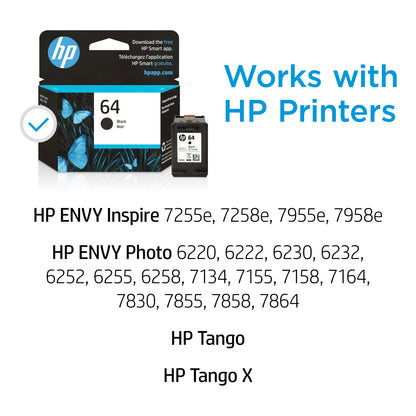 HP 64 Black Ink Cartridge | Works with HP ENVY Inspire 7950e; ENVY Photo 6200, 7100, 7800; Tango Series | Eligible for Instant Ink | N9J90AN