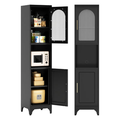 75"H Tall Bathroom Storage Cabinet, Metal Cabinets with Open Compartment, Narrow Storage Cabinet with Doors and Adjustable Shelves, Black Kitchen Pantry, Slim Storage Locker for Bathroom, Living Room