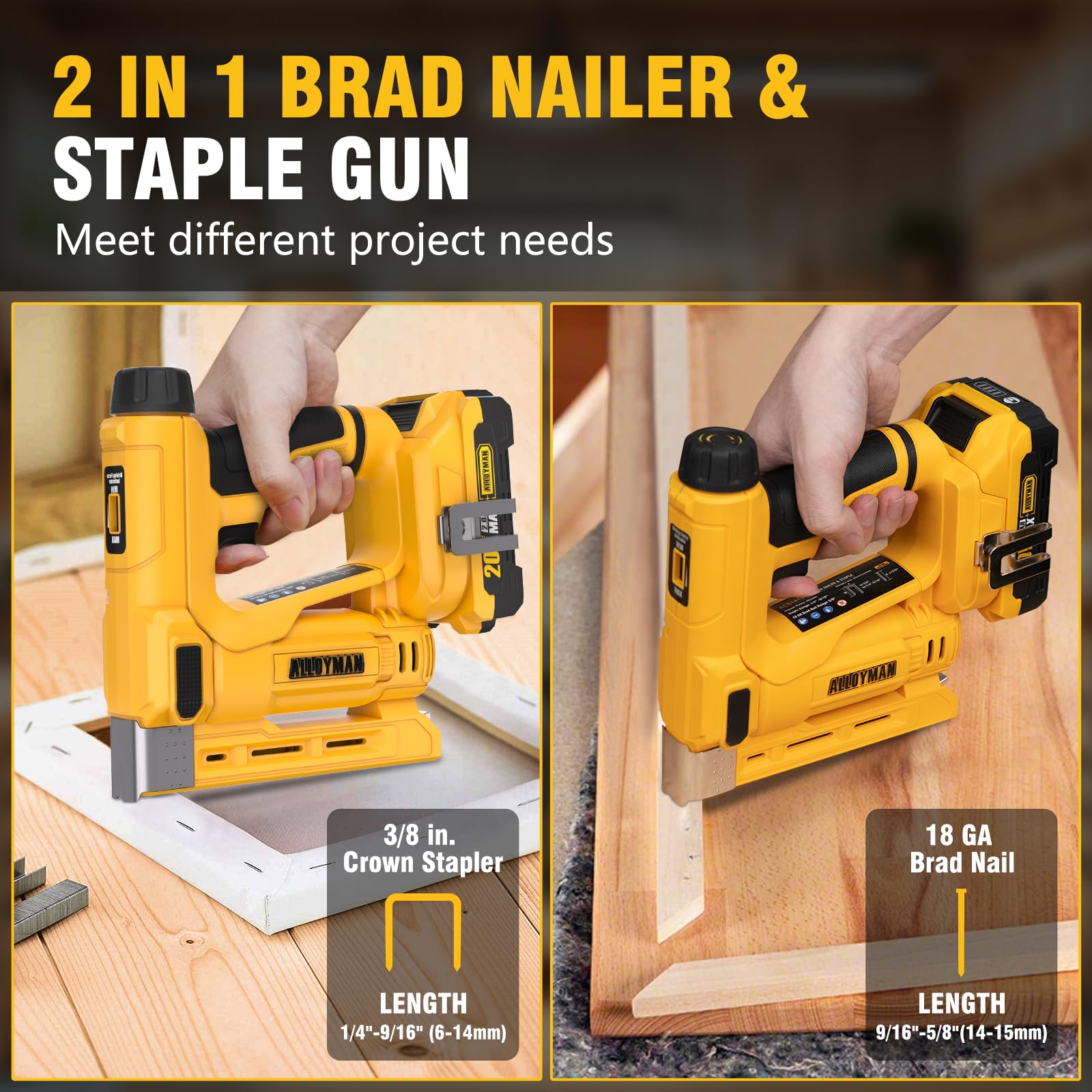 Alloyman 3/8''Crown Stapler, 18 Gauge 2 in 1 Cordless Brad Nailer/Electric Stapler with 2.0AH Battery & Charger, Nail Gun Battery Powered with 2,000PCS Staples and Nails for Upholstery & Fami - WoodArtSupply