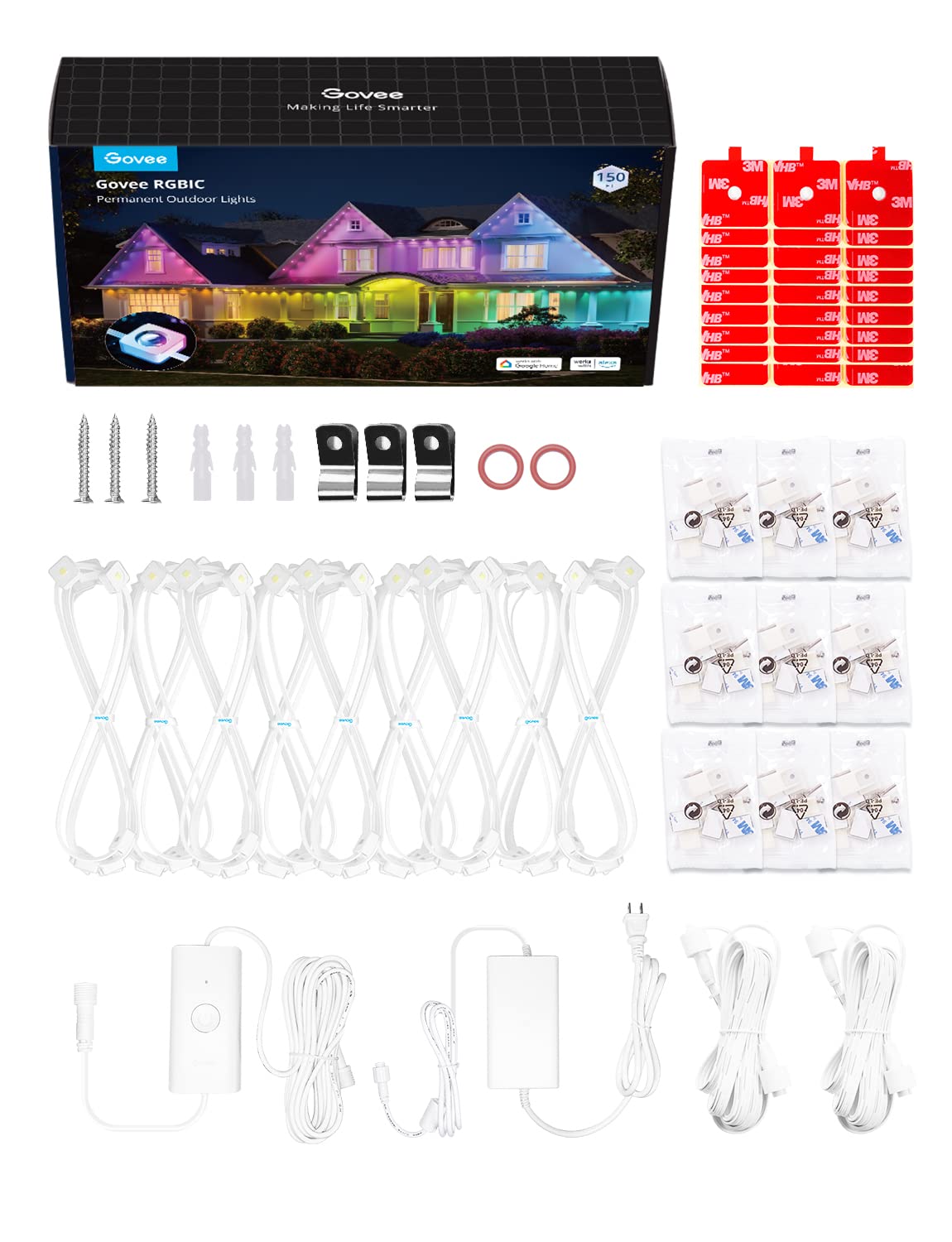 Govee Permanent Outdoor Lights, Smart RGBIC Outdoor Lights with 75 Scene Modes, 150ft with 108 LED Christmas Lights, IP67 Waterproof for Christmas Decorations, Work with Alexa, Google Assistant, White Govee