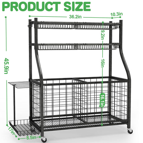 CaMecequter Garage Sports Equipment Organizer with 4 Baskets & 6 Hooks - Heavy Duty Freestanding Ball Storage for Basketball, Soccer & Outdoor Toys (Black) CaMecequter