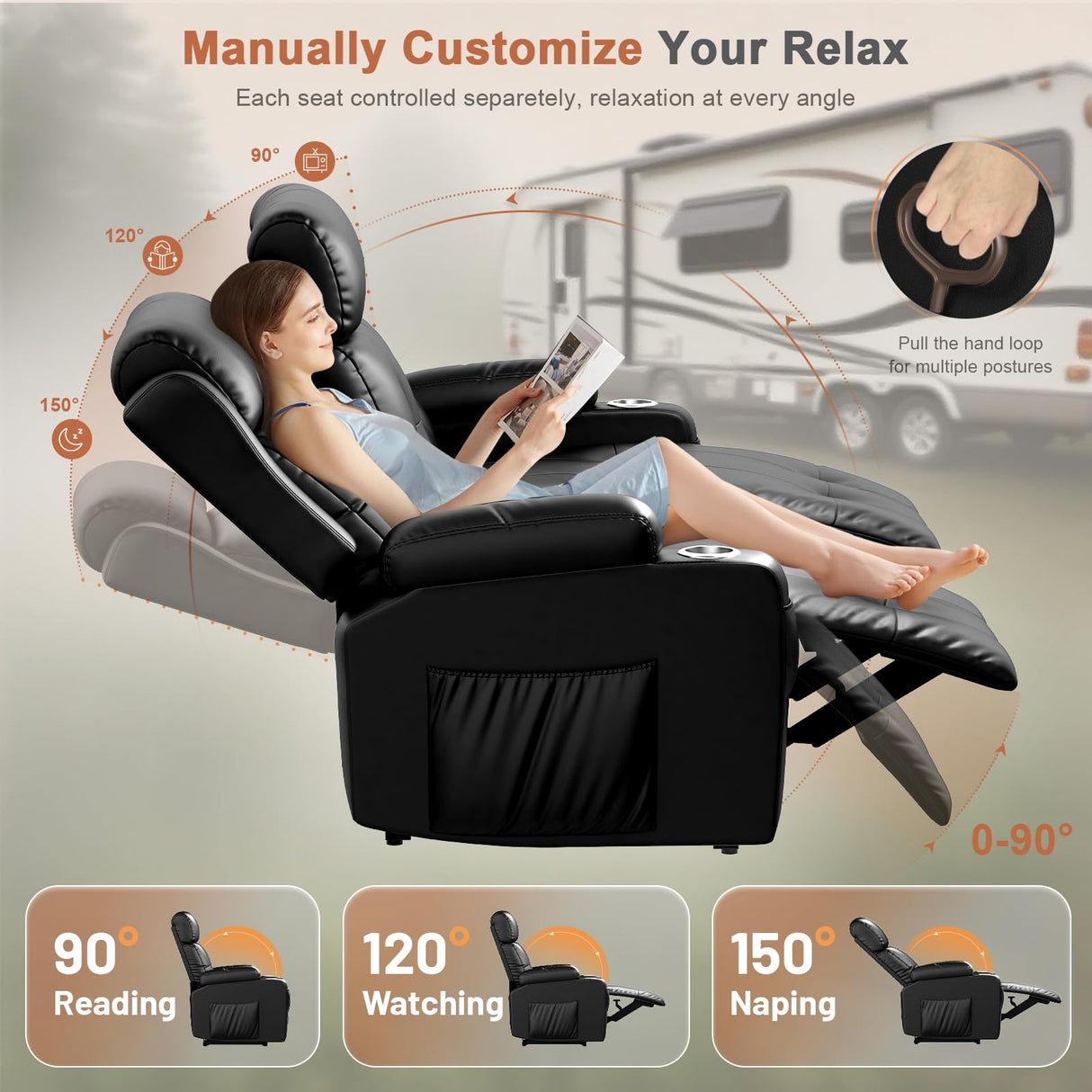 RV Loveseat Recliner Sofa, Oversized Massage Wall Hugger Recliners with Insert Pockets, Cup Holders, Reclining Couch, 150° Adjustable Recline & Padded Armrests, for RV Furniture (Black, Loveseat) Tiooii