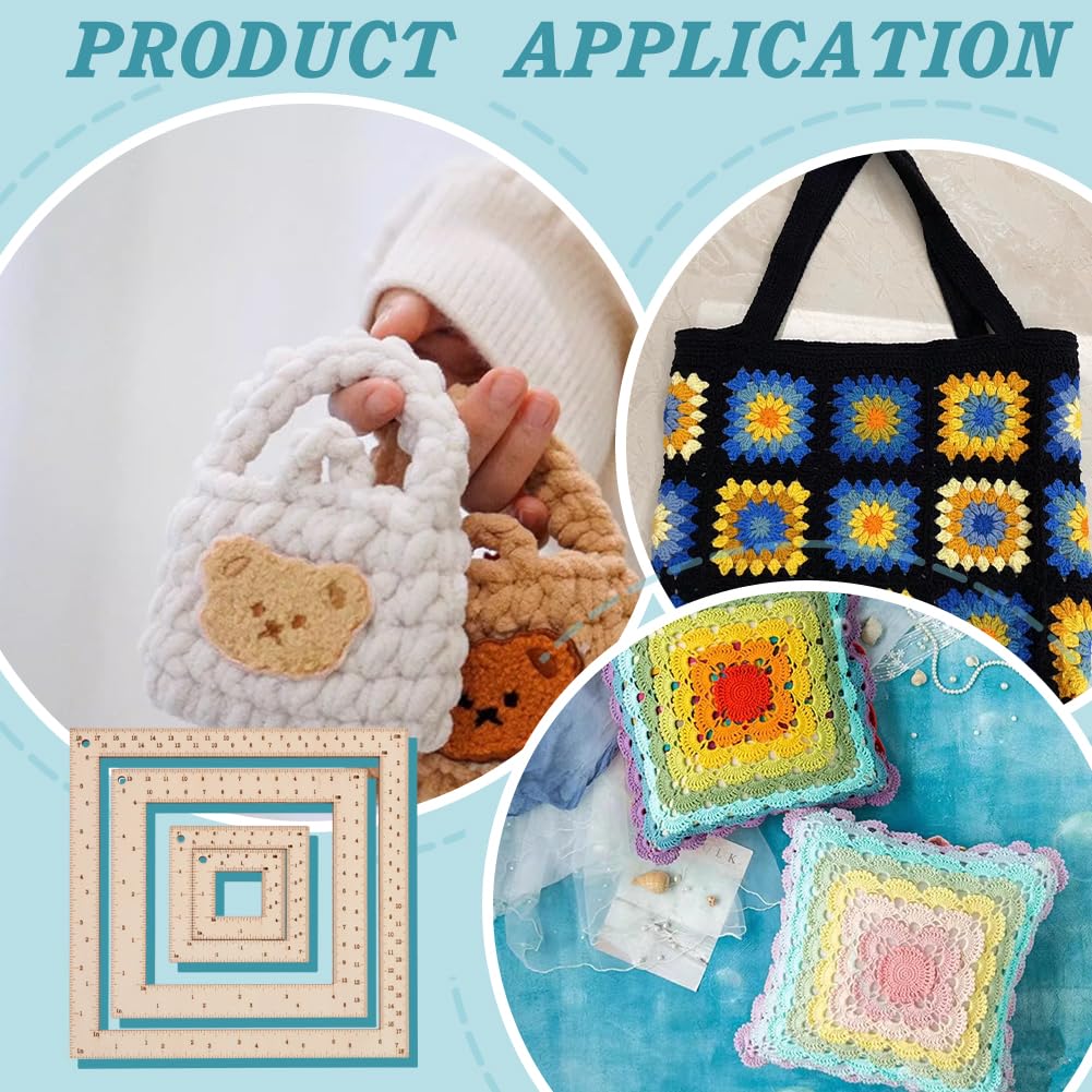 FINGERINSPIRE 4 Pcs Square Wood Knitting Gauge Rulers 0.78/3/5.5/7.3inch Wooden Knitting Gauge Swatch Ruler Knitting Heedle Gauge Measuring Tool Sets for Crochet Measurement Tool for Knitters FINGERINSPIRE