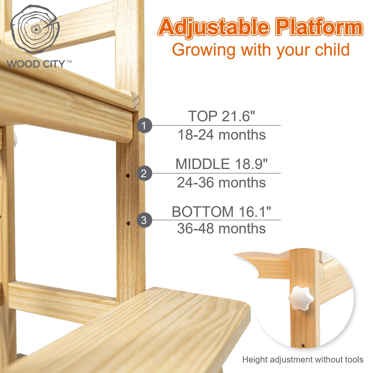 WOOD CITY Toddler Standing Tower, 3 Adjustable Heights Kids Kitchen Step Stool with CPC Certification, Equipped with Removable Safety Anti-Fall Net, Suitable for 18 Months and Up (Natural) WOOD CITY