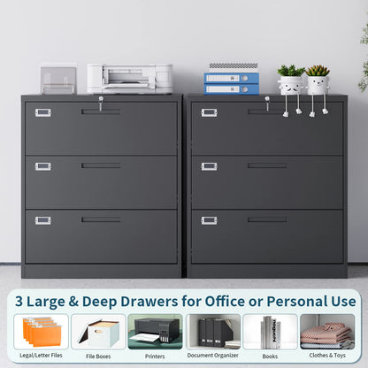 MIIIKO Lateral File Cabinet with Lock, 3 Drawer Lateral Filing Cabinet, Large Deep Drawers Locked by Keys, Metal Storage File Cabinet for Hanging Files Letter/Legal/F4/A4 Size - WoodArtSupply