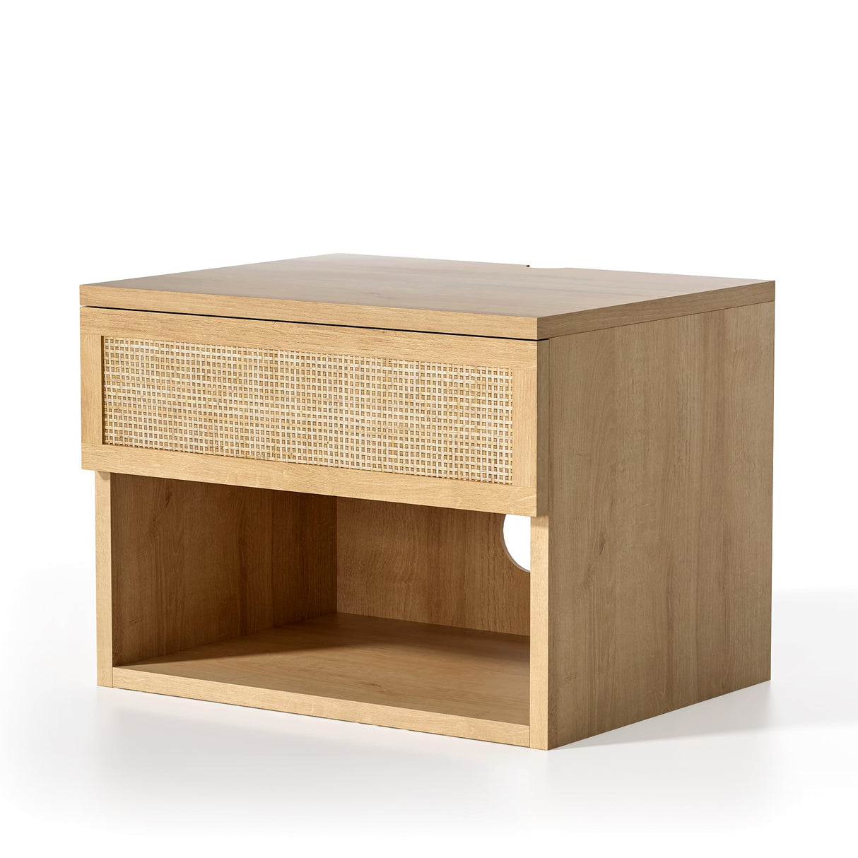 EYYTHUNG Small Rattan Floating Nightstands with Drawer Set of 2, Wall Mounted Night Stand with Open Compartment Modern Wooden Bedside Table Storage Cabinet for Bedroom, Entryway Natural Oak EYYTHUNG