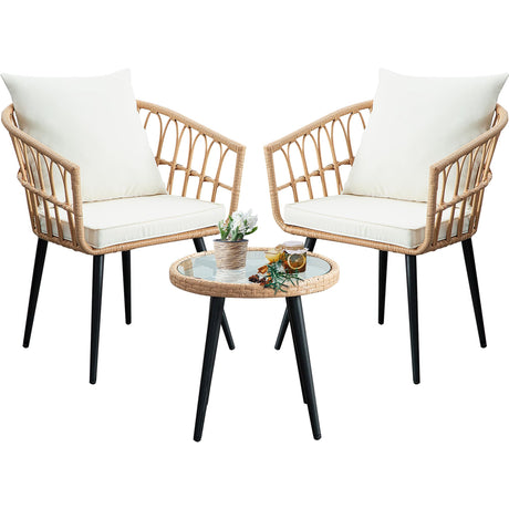 IJIALIFE 3 Pieces Patio Bistro Set, Outdoor Wicker Table and Chairs Set of 2, Rattan Balcony Furniture Set with Cushions for Front Porch Apartment Backyard Deck,Beige IJIALIFE