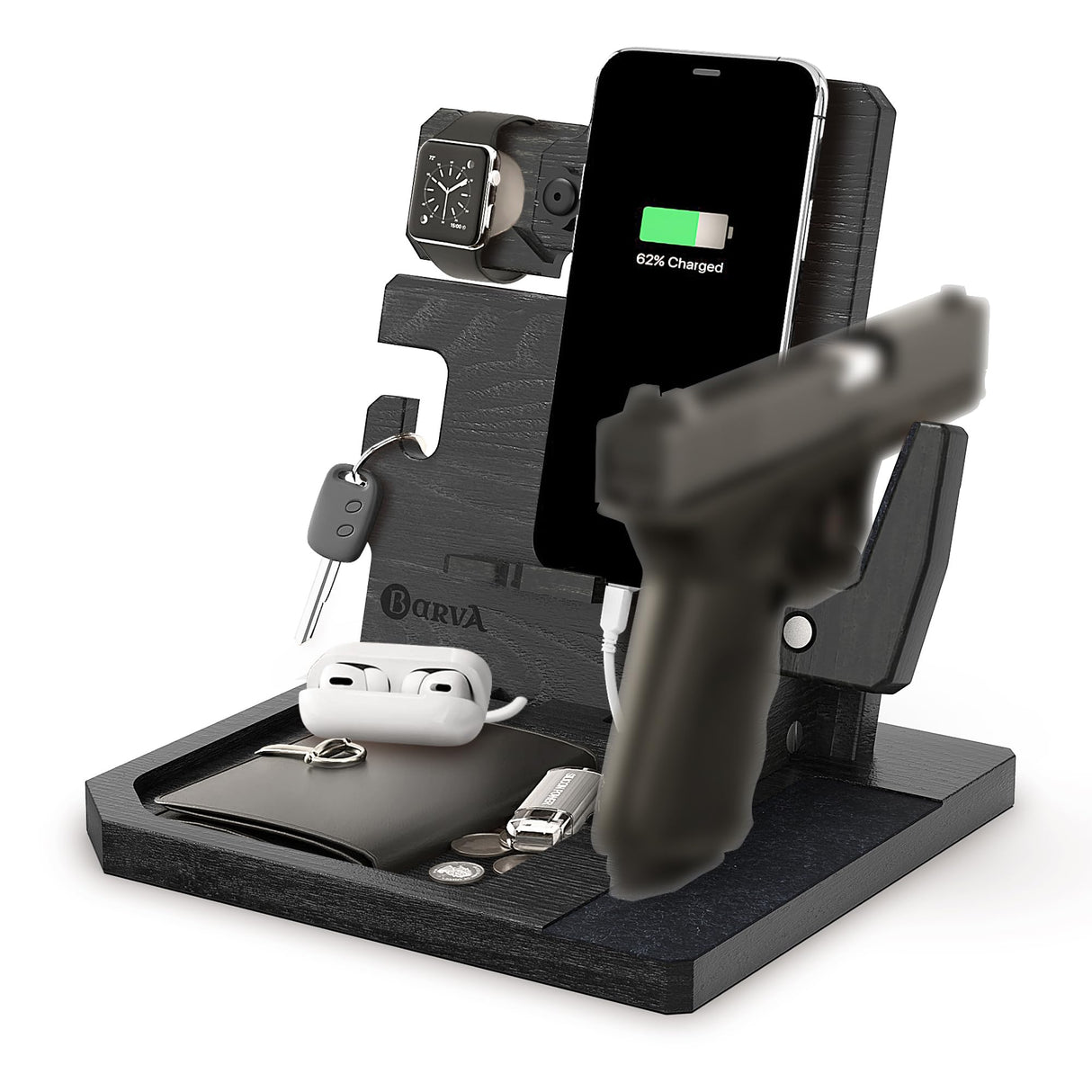 BARVA Adaptive Wood Gun Rack Phone Docking Charging Station Gifts for Men Dad Birthday Ideas Nightstand Organizer Charging Dock Watch Charging Stand Wallet Key Gadget Device Bedroom Bedside Holder BarvA