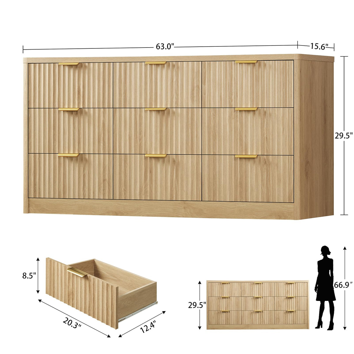 TEENFON Fluted Dresser for Bedroom with 9 Drawers, 63" Wide Modern Chest of Drawers with Metal Handle & Curved Profile Design, Wood Closet Clothes Storage Organizer for Living Room, Hallway, Natural TEENFON