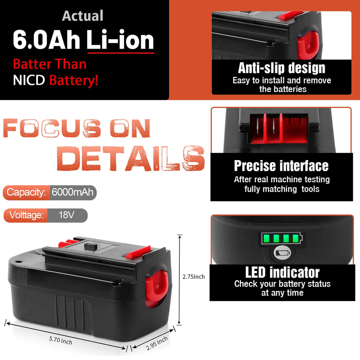 TenHutt 【Lithium-ion 6.0Ah! | NOT Ni-Mh】 2Packs 18V Replace Battery for Black and Decker 18V Battery 6.0Ah HPB18 HPB18-OPE 244760-00 A1718 FS18FL FSB18 Firestorm Cordless Power Tools Lithium Battery TenHutt