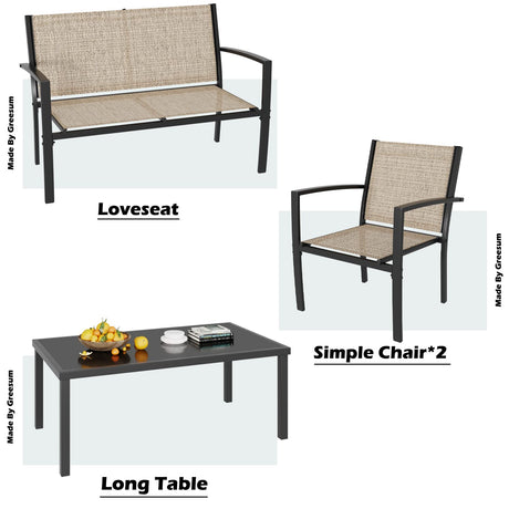 Greesum 4 Pieces Patio Furniture Set, Outdoor Conversation Sets for Patio, Lawn, Garden, Poolside with A Glass Coffee Table, Beige Greesum