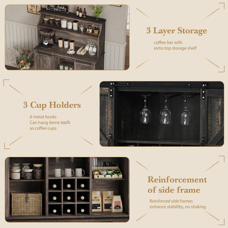 47" Farmhouse Coffee Bar with 3-Tier Storage, Kitchen Hutch with 12 Wine Racks & 3 Glass Holders, Coffee Hutch Cabinet with 6 Hooks, Wine Bar Cabinet for Kitchen, Dining Room, Living Room, Rustic Oak REVOMINCA