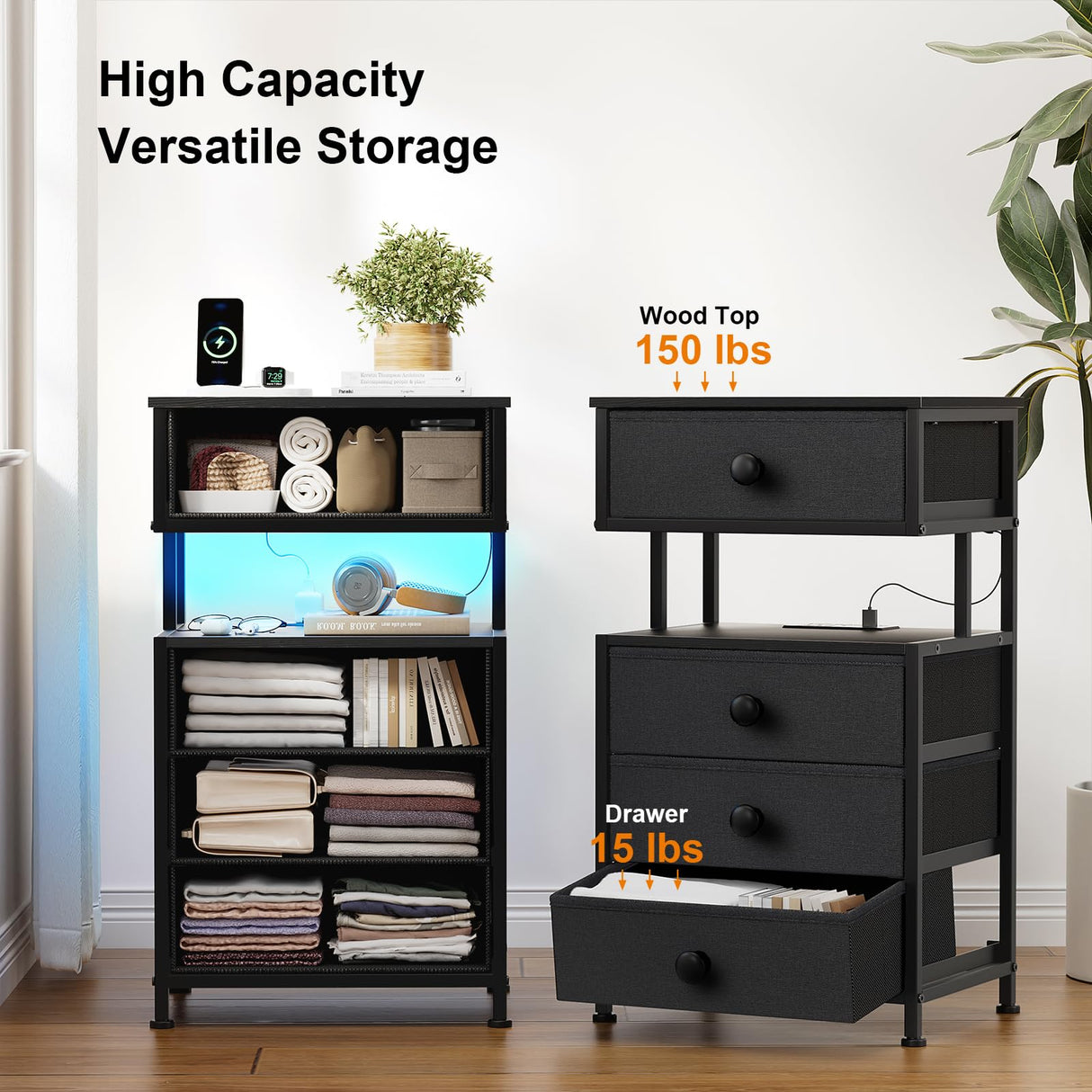 REAHOME Night Stand with Charging Station and LED Light, 4 Fabric Drawers Black Bedside Table with Open Shelf, Modern End Table with Wooden Top for Bedroom, Living Room, Hallway - Black Gery REAHOME
