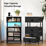 REAHOME Night Stand with Charging Station and LED Light, 4 Fabric Drawers Black Bedside Table with Open Shelf, Modern End Table with Wooden Top for Bedroom, Living Room, Hallway - Black Gery REAHOME