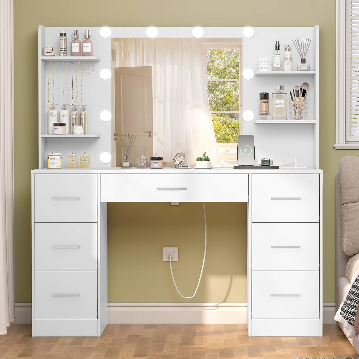 FIONESO Large Makeup Vanity, 43.3" Vanity Desk with Mirror and Lights, Makeup Vanity Table with 7 Drawers, 4 Shelves, 5 Jewel Hooks & Power Strip, Vanity Desk Set for Bedroom, White FIONESO