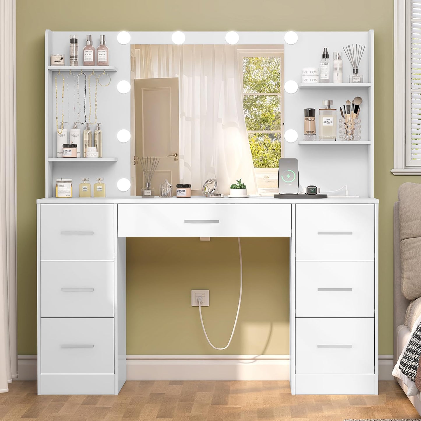 FIONESO Large Makeup Vanity, 43.3" Vanity Desk with Mirror and Lights, Makeup Vanity Table with 7 Drawers, 4 Shelves, 5 Jewel Hooks & Power Strip, Vanity Desk Set for Bedroom, White