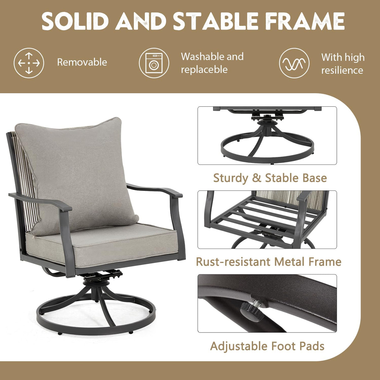 EROMMY 7-Piece Outdoor Dining Set, 6 Swivel Wicker Chairs with Thick Cushions & Wood-Like Dining Table with Umbrella Hole, Patio Furniture Set for Porch, Garden, Backyard, Poolside, Deck, Grey EROMMY