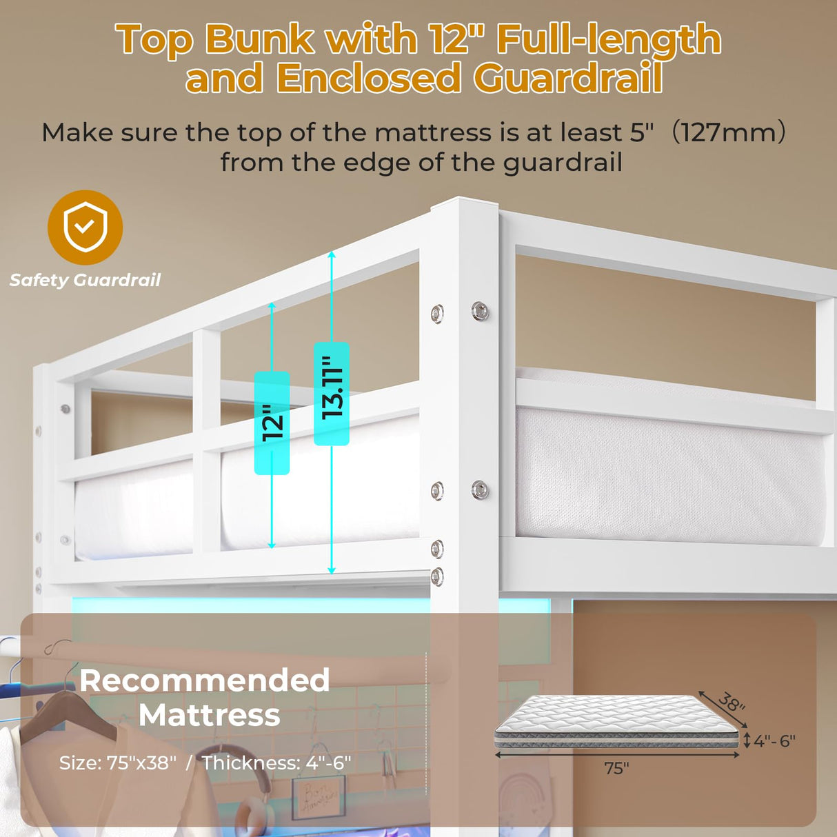 DICTAC Twin Size Bunk Bed with Desk and Charging Station Metal Loft Bed with Led Lights & Storage Shelves and Drawers L-Shaped Twin Over Twin Size Bunk Bed for Teen,Safety Guardrail and Ladder,White DICTAC