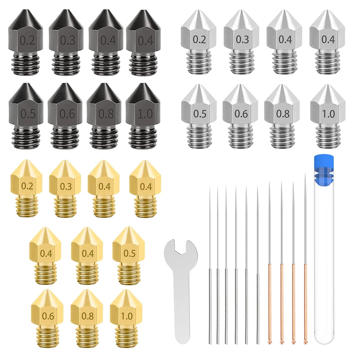 26PCS 3D Printer Nozzles Extruder Stainless Steel, Ender 3 Nozzle,MK8 Nozzles,Brass High Temperature Pointed Wear Resistant Nozzle Multiple Sizes 0.2 0.3 0.4 0.5 0.6 0.8 1.0 mm - WoodArtSupply