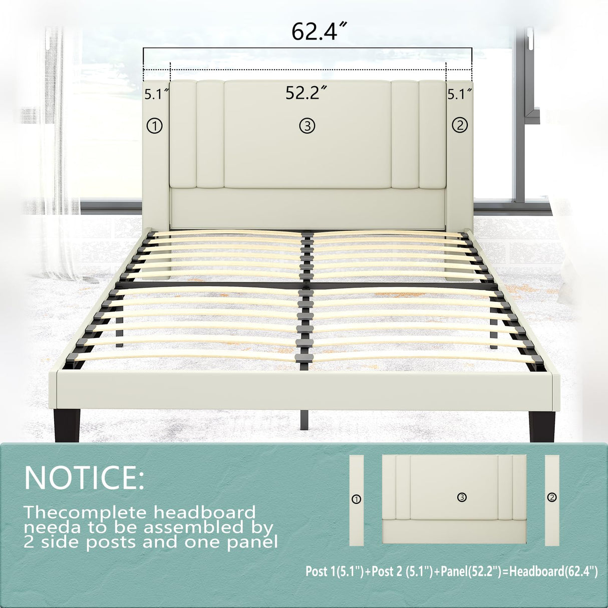 Queen Size Bed Frame, Velvet Upholstered Platform with Headboard, Beige(Beige, Queen (U.S. Standard)) Tyndall