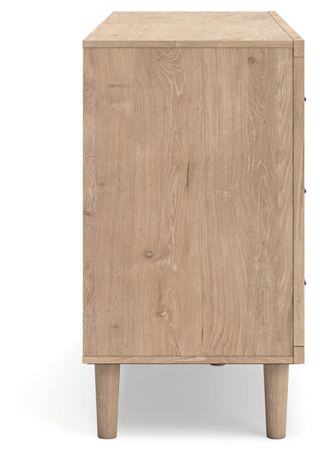 Signature Design by Ashley Cielden Coastal 6-Drawer Dresser, Bronze-Tone Knobs, Safety Stop, Textured Cane Details, 62.01" W x 19.65" D x 35.67" H, Light Brown Signature Design by Ashley