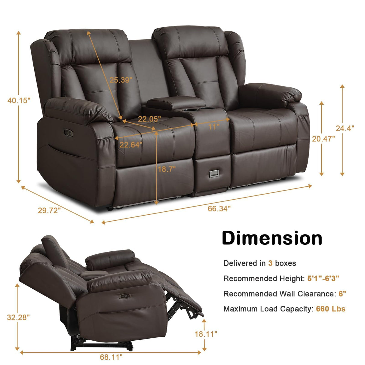 WISHDEER Power Reclining Loveseat Sofa, Loveseat Recliner Couch with Console, RV Recliners for Travel Trailers, Home Theater Seating with Cup Holders/LED/Drawer/USB/USB C for Living Room(Brown) WISHDEER