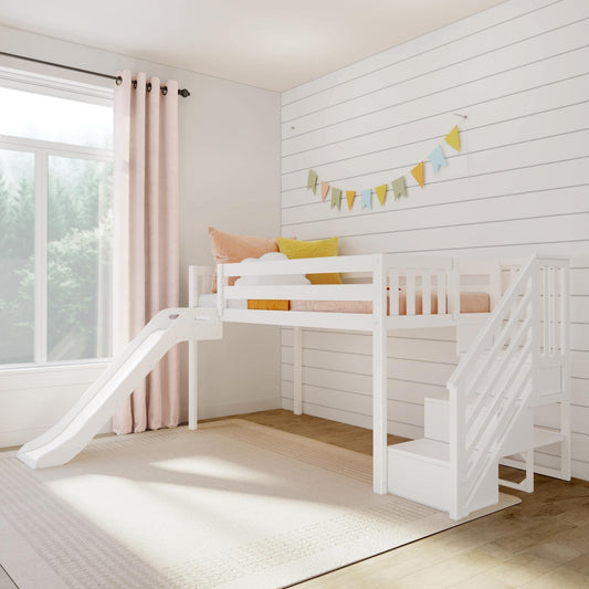 Max & Lily Twin Low Loft Bed with Slide and Stairs - Classic White Solid Wood Kids Furniture - WoodArtSupply