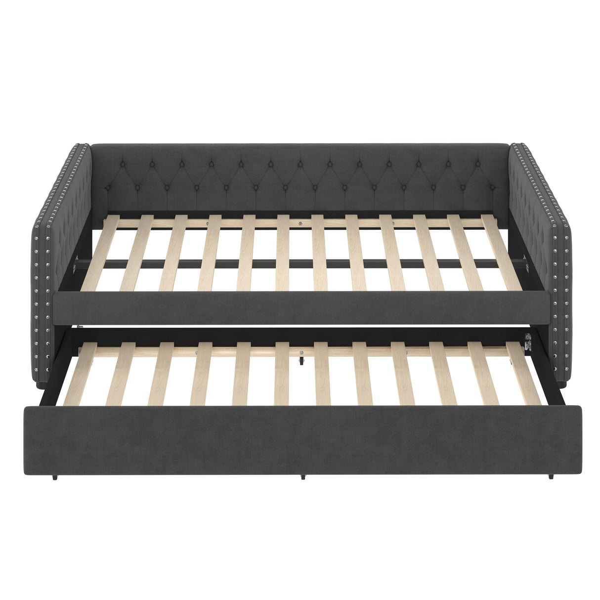 KEIKI Full Size Upholstered Daybed, Tufted Sofa Bed Frame with Trundle, Corner Day Beds Full for Living Room, Bedroom and Guest Room, No Box Spring Needed, Button & Copper Nail on Square Arms, Gray KEIKI