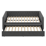 KEIKI Full Size Upholstered Daybed, Tufted Sofa Bed Frame with Trundle, Corner Day Beds Full for Living Room, Bedroom and Guest Room, No Box Spring Needed, Button & Copper Nail on Square Arms, Gray KEIKI