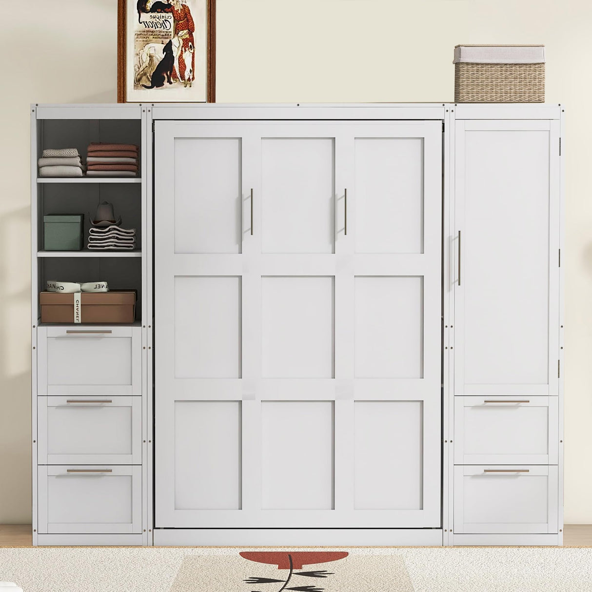 Harper & Bright Designs Queen Size Murphy Bed with Closet, Wall Bed with Drawers and Shelves, White Harper & Bright Designs