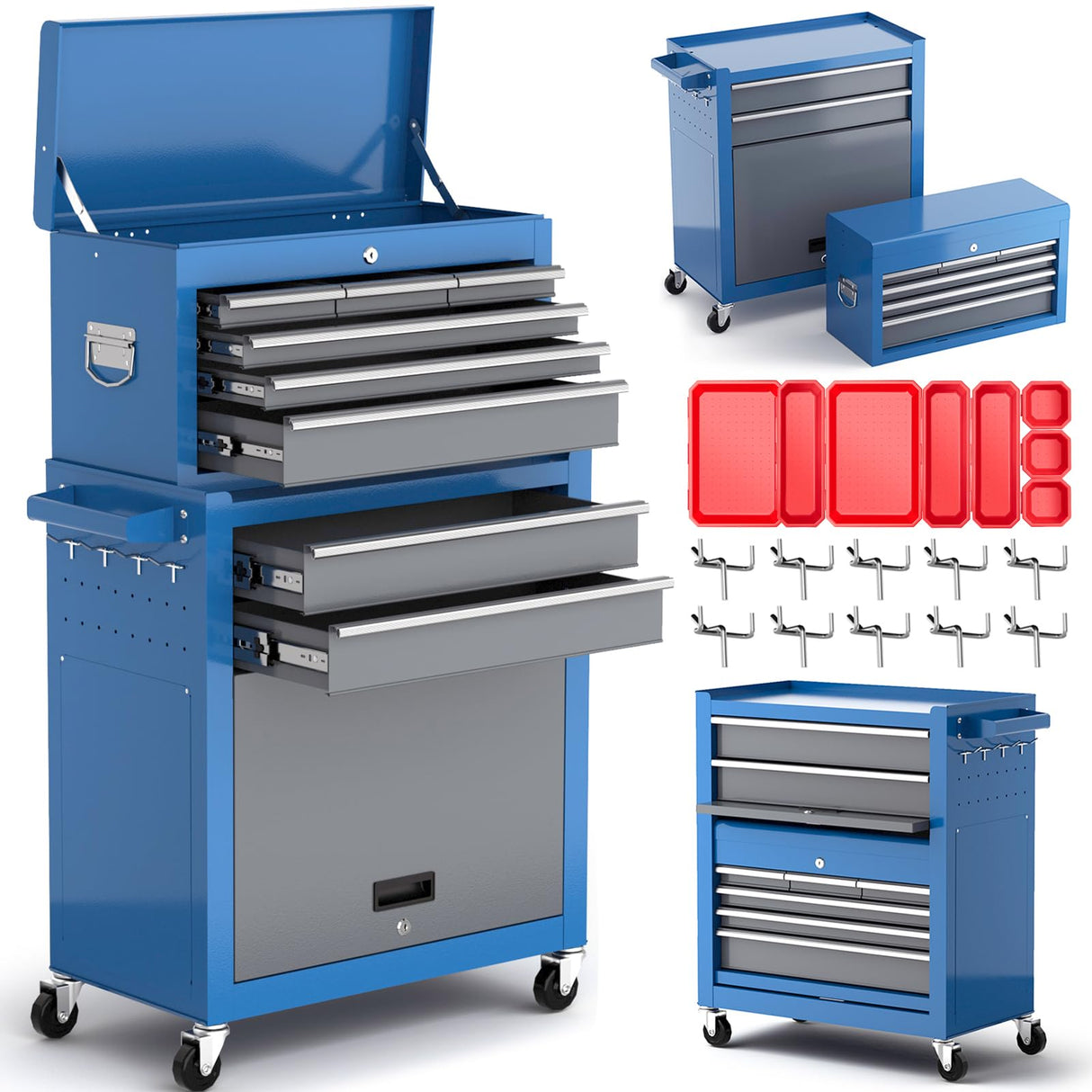 AIRAJ PRO Rolling Tool Chest with Wheels,8-Drawer Large Tool Storage Cabinet with 10 Hooks & 8 Tool Box Organizer & 2 Keys,Detachable High Capacity Tool Chest for Workshop Mechanics Garage AIRAJ PRO