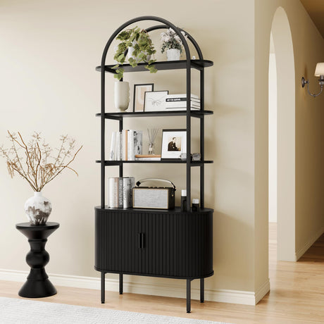 BREEZEHEAT 71" Tall Fluted Arched Bookshelf, Modern Bookshelf with Sliding Tambour Doors, 4-Tier Storage Shelf, and Metal Frame, Curved Cabinet for Living Room, Home Office, Bedroom, Black BREEZEHEAT