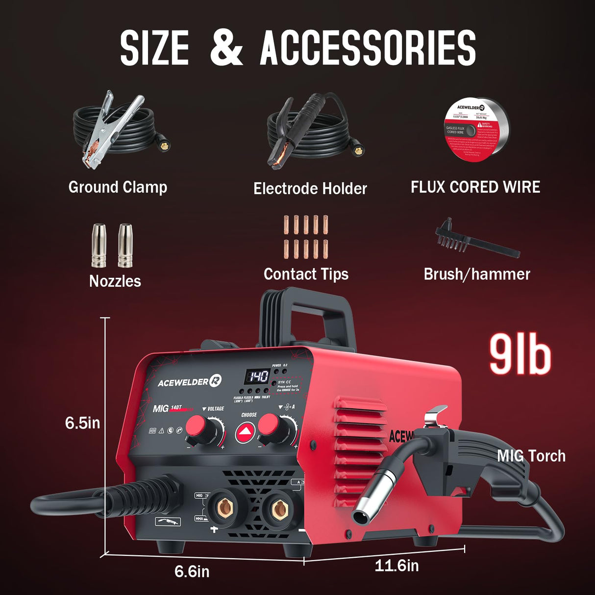 ACEWELDER 140A Gasless Flux Core MIG Welder/Lift TIG/Stick 3 in 1 Welding Machine 110V Portable IGBT Inverter Synergy Welder Machine Acewelder