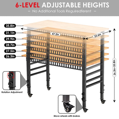 OLBRUS 48 "Adjustable Workbench with Power Outlet, Heavy Duty 2000 LBS Load Capacity Hardwood Workbench Suitable for Workshop, Office, Garage, Home - WoodArtSupply