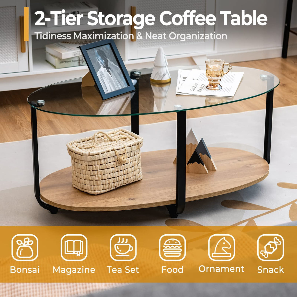Tangkula Glass Coffee Table, 2 Tier Oval Tea Table with Tempered Glass Tabletop and Wooden Shelf, Modern Glass Sofa Center Table for Home Office, Metal Legs, Home Decor Accent Cocktail Table Tangkula