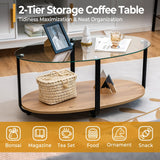 Tangkula Glass Coffee Table, 2 Tier Oval Tea Table with Tempered Glass Tabletop and Wooden Shelf, Modern Glass Sofa Center Table for Home Office, Metal Legs, Home Decor Accent Cocktail Table Tangkula