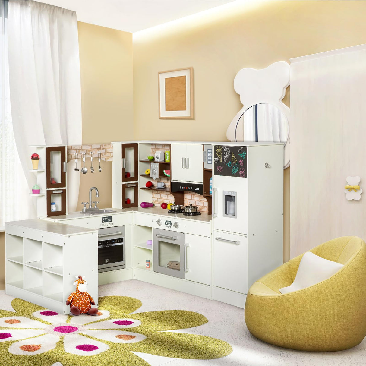 BRINJOY 3-Piece Kids Kitchen Playset, Walk-in Wooden Play Kitchen Set for Toddlers, Modular Pretend Play Kitchen w/Light&Sound, Large Corner Kitchen Cooking Toy w/Coffee Capsule, Gift for Girls Boys BRINJOY