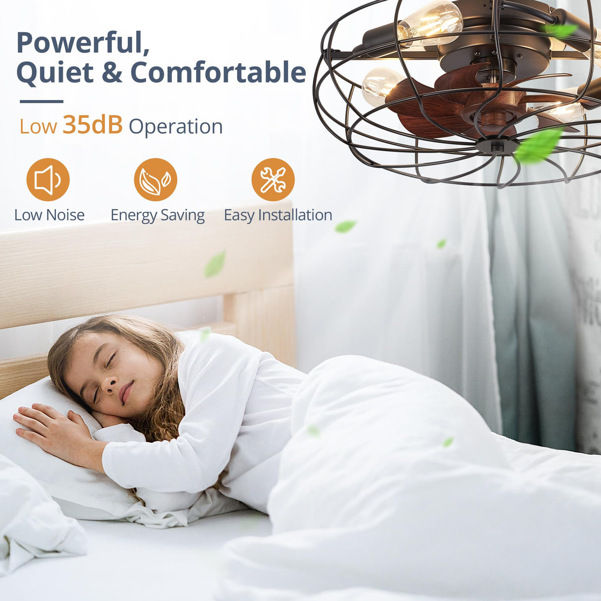 LEDIARY 20" Caged Ceiling Fans with Lights and Remote, Flush Mount Bladeless Ceiling Fan Low Profile, Small Farmhouse Industrial Enclosed Ceiling Fan with Light for Bedroom, Kitchen, Indoor LEDIARY